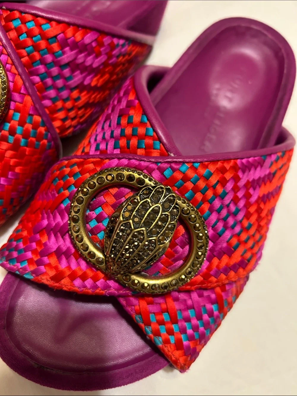 Kurt Geiger Pink Woven Slide Sandals with Decorative Gold Medallion